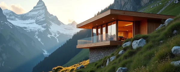 Vue aérienne d'une construction bioclimatique en bois dans un paysage montagnard alpin avec intégration harmonieuse à l'environnement