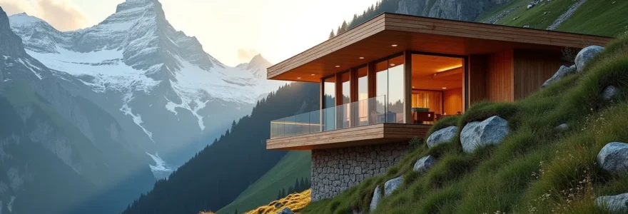Vue aérienne d'une construction bioclimatique en bois dans un paysage montagnard alpin avec intégration harmonieuse à l'environnement