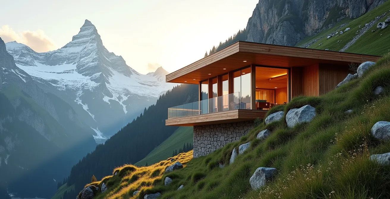 Vue aérienne d'une construction bioclimatique en bois dans un paysage montagnard alpin avec intégration harmonieuse à l'environnement