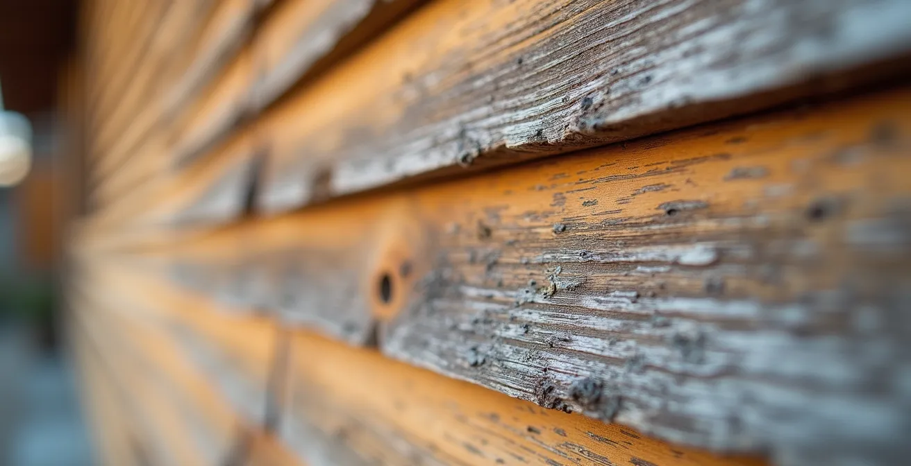 Détail macro de bardage bois larch montrant les fines textures et variations de teinte naturelle, avec éclairage directif révélant la qualité des matériaux
