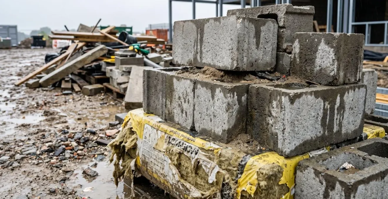 Gros plan sur des matériaux de construction stockés à l'extérieur sans protection, emballages exposés à l'humidité, surface mouillée visible