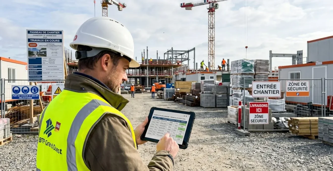 Un responsable de chantier consulte une tablette numérique, vu de dos, sur un site de construction moderne avec des matériaux organisés en arrière-plan