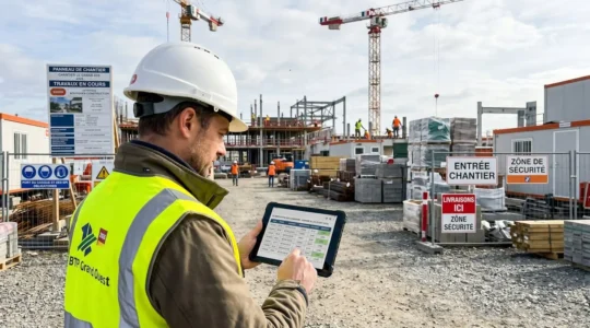 Un responsable de chantier consulte une tablette numérique, vu de dos, sur un site de construction moderne avec des matériaux organisés en arrière-plan