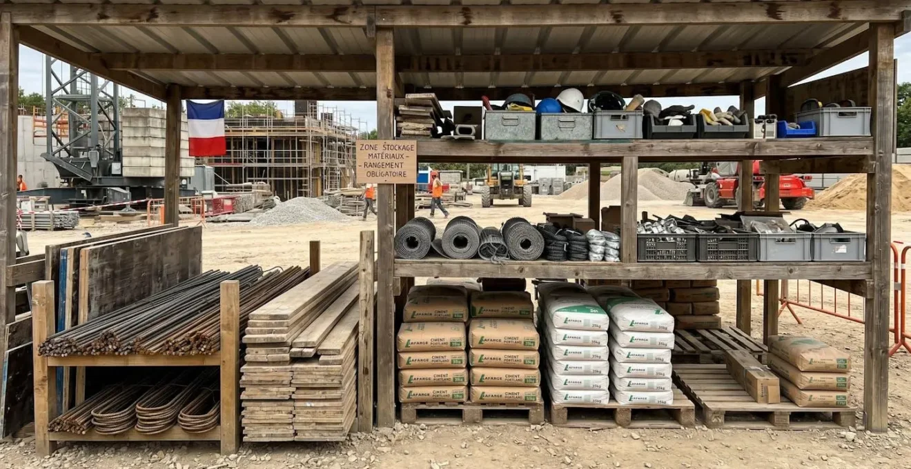 Vue large d'une zone de stockage bien organisée sur un chantier de construction, avec des matériaux triés par catégorie sous un abri protégé